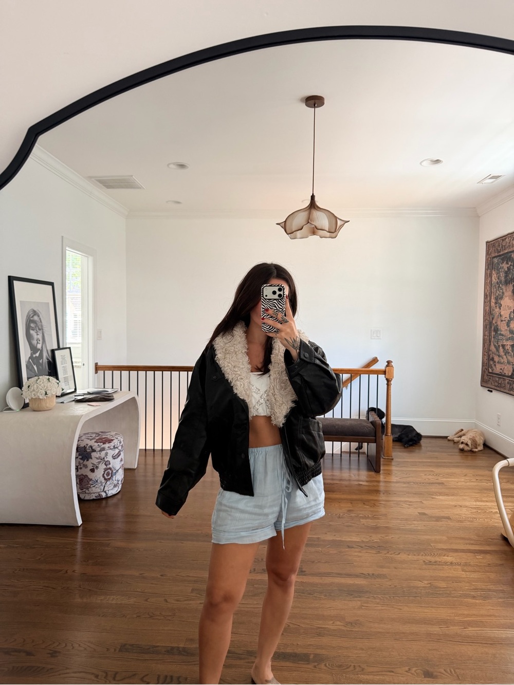 Astr Black Faux-Shearling Leather Bomber Jacket with Cream Collar